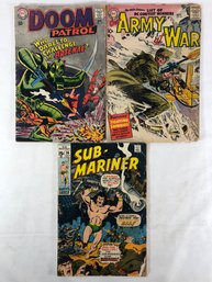 Doom Patrol #113, August 1967, Army At War #58, May 1957, Submariner #39, July 1971, Poor Condition