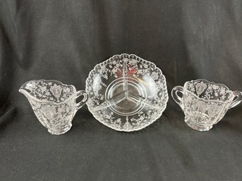 Cambridge  Rose Point Creamer And Sugar And Divided Bowl