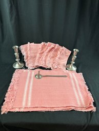 Pink Placemats, Napkins/ Pewter Candles And Snuffer