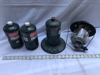 Coleman Lantern With Three Propane Tanks, Untested, Glass Intact