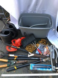 Plastic Tote With Various Garden, Tools, Gloves, Watering Cans, See Pics
