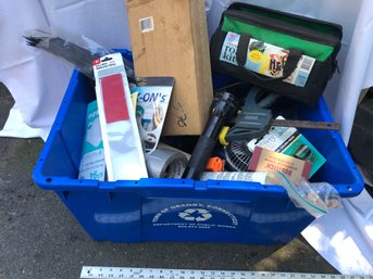 Blue Recycle Tote Filled With Various Tools And Household Items, See Pics