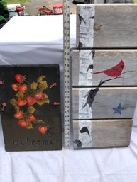 Painted Slate, Welcome, Sign And Wooden Picture With Bird