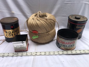 4 Old Tins And Large Ball Of Twine