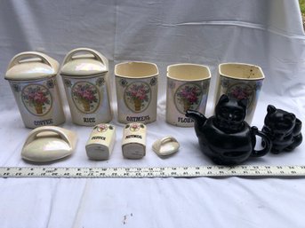 Set Of Containers Made In Czechoslovakia And Black Cat Teapot