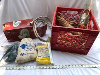 Red Milk Crate With Rope, Dryer Balls, Miscellaneous Items