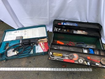 Makita Saw, Tested And Works And Toolbox, Filled With Miscellaneous Items