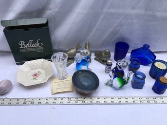 A Lot Of Blue Glass, Glass, Colored Cats, Polished Stone, Lennox Crystal, Belleek Dish