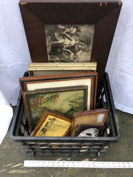 Black Plastic Crate Filled With Mostly Old Pictures, Dirty, Needs Cleaning, See Pictures, Frames Have Wear