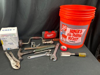 Home  Depot 5 Gallon Bucket And Assorted Tools, Etc.