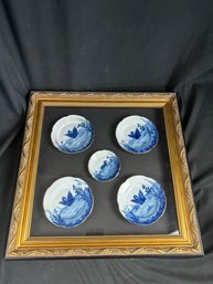 Framed Vintage Blue And White Swan Decorated Plates