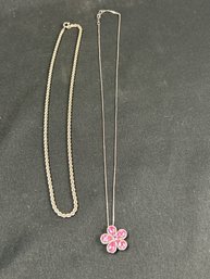Two Sterling Silver Necklaces, One With Floral Pendant