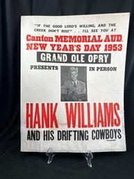 Large 1953 Hank William Concert Poster -Later Reproduction