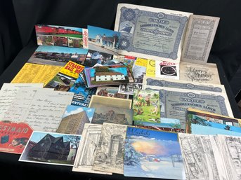 Ephemera Lot- Postcards, RR, Letters, Stocks