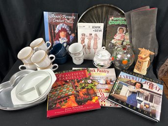 Assorted Ceramic Cups, Books And Other Items