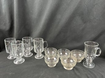 Glass Mugs  And Bowls/ Most Etched