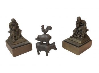 Pair Of Metal Bookends And Cast Iron Paperweight Of Farm Animals