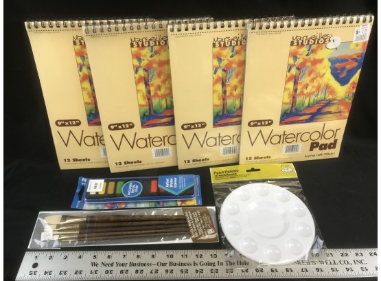 Watercolor Supplies All New, Four 9 X 12 Pads, Artist Watercolor, Brushes, Palette