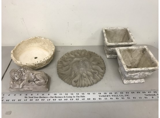 5 Decorative Items, Pots, Cement Sun, Lion
