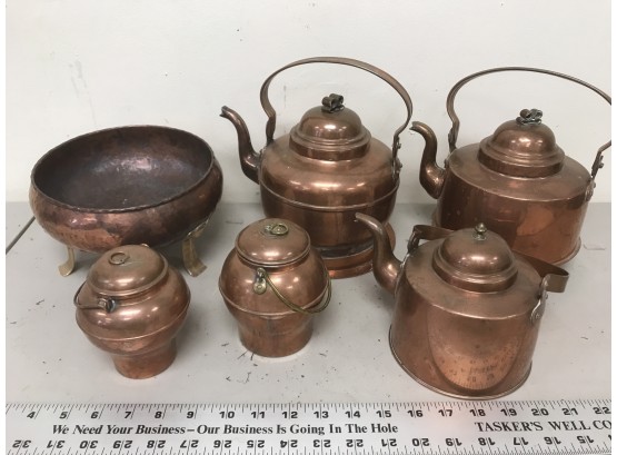 A Lot Of Copper Items, 3 Teapots, 1 And 2 L, Sweden