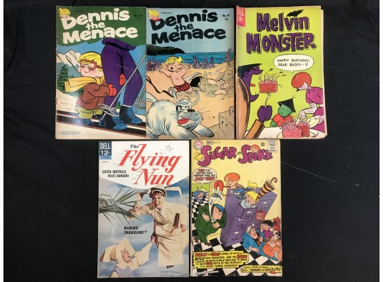 5 Vintage Comics, 1960s, Dennis The Menace, Flying Nun, Melvin Monster, Sugar And Spike, See Pics