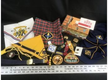 Lot Of Vintage 1970s Boy Scout Pins, Patches, Neckerchiefs, Caps