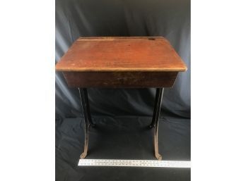 Vintage School Wood Desk With Pull Up Top And Metal Legs