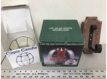 Capiz Candle, Four Piece Glass Candle, Metal And Wood Book