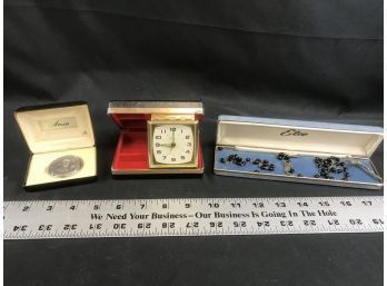 Alarm Clock Box, George Washington Money Clip, Crucifix Rosary Beads