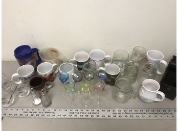 Lot Of Mugs, Glass Cups, Longstem Colored Glasses, Salt And Pepper