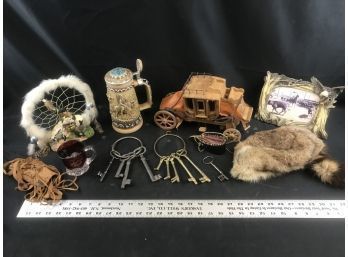 A Lot Of Indian And Western Items, Skeleton Keys, Wood Coach, Fur Hat, Stein
