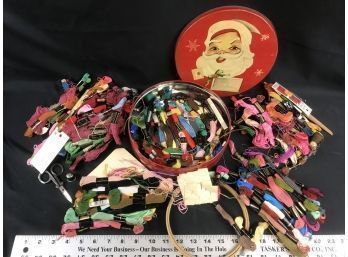 Large Supply Of Needlepoint Thread And Accessories With Santa Container