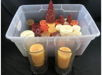 Large Lot Of Pillar Candles In Tote, Including Two With Stands