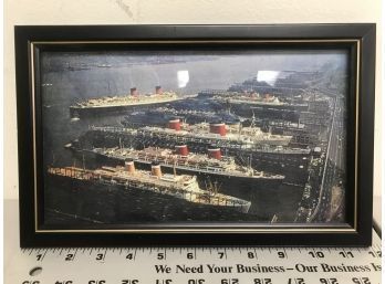 Small Framed Picture Of The Queen Elizabeth Shown Being Berthed, 12 X 7 Inches