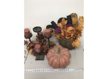 Decorative Fall Items, Basket With Leaves, Heavy Pumpkin, Wood And Metal Candle Holder