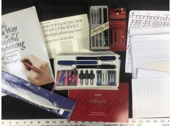 Lot Of Calligraphy Pens, Book, And Supplies