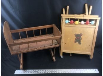 2 Vintage Wood Doll Cribs, Rocking, One On Wheels