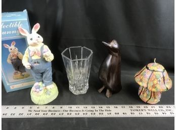 Gorham Lead Crystal Vase, Wood Penguin, Mushroom Candle, Collectible Bunny