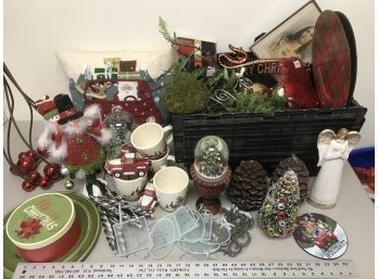 Large Lot Of Christmas Decorations With Black Bin