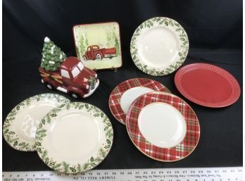 Lot Of Ceramic Christmas Plates And Ceramic Woody Truck
