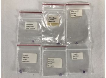 6 Amethyst Various Shape Precious Stones, New In Packages