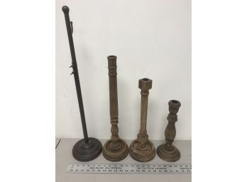 3 Wood Candle Holders And Metal Hook Stand