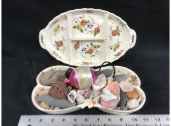 Two Ceramic Trays Made In Japan With Collection Of Rocks And Shells