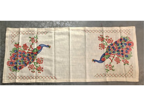 Peacock Embroidered Table Runner-  Linen Lot C