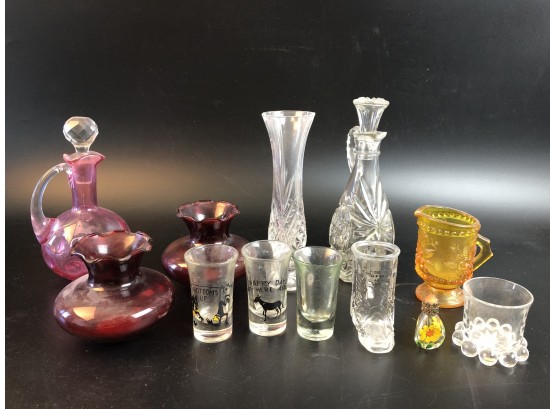 Assorted Glass  Items, Cruets, Vases, Shot Glasses, Toothpick Holders, Etc.