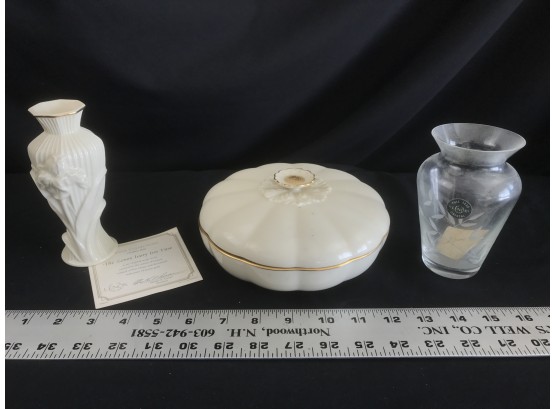 3 Lenox Pieces, Container With Lid, Ivory Iris Vase, Small Crystal Vase