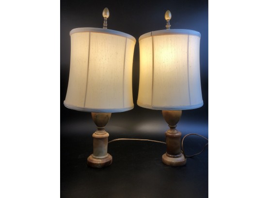 Pair Of Vintage Stone Lamps Silk Shades
