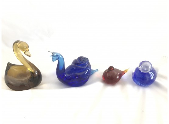 4 Colored Glass Decorative Items, Bird, Snail, Swan