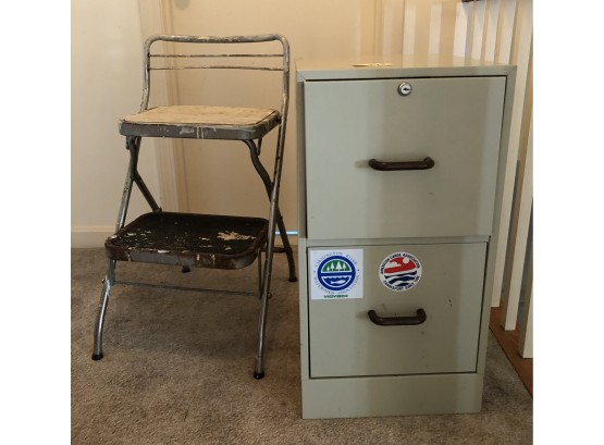 Two Drawer Metal File Cabinet And Vintage Kitchen Stepstool