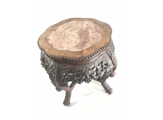 Intricate Wood Carved With Marble Top End Table